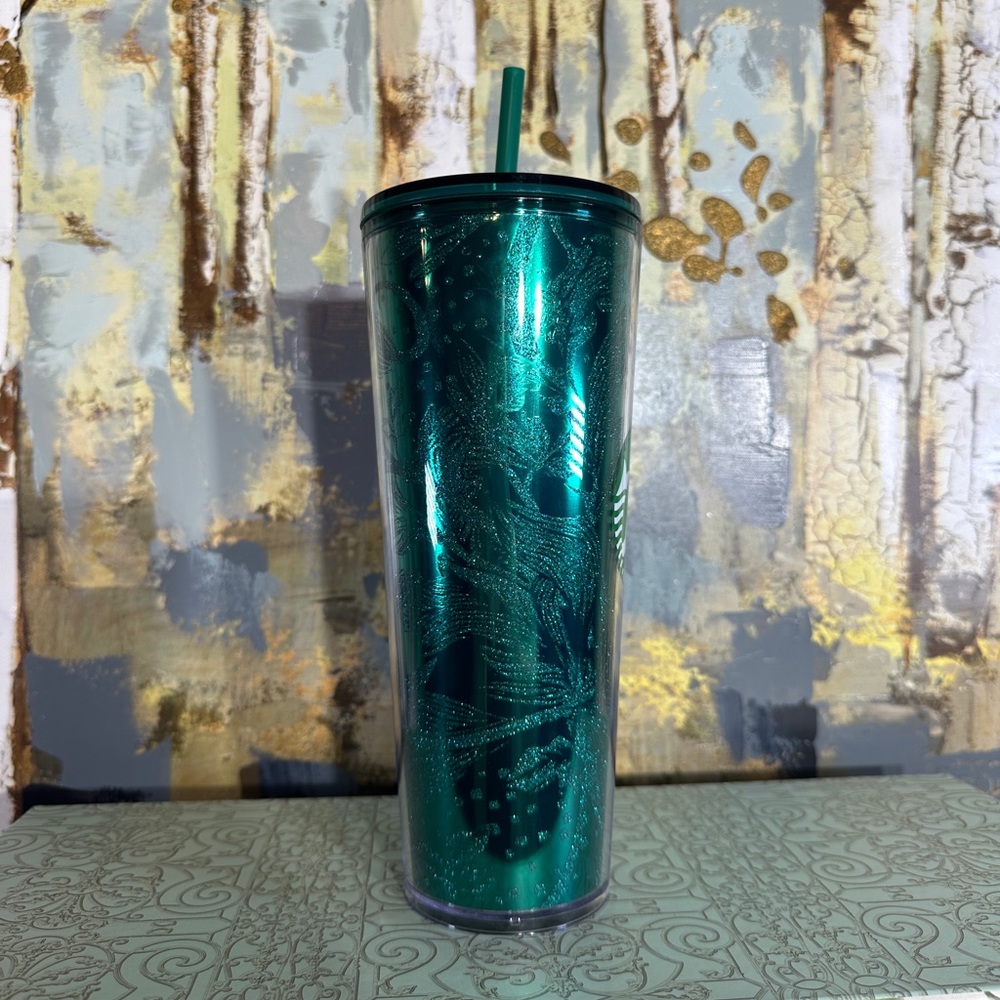 Starbucks Green Glitter Tropical Swirl Acrylic Cold Cup Tumbler - Picture 5 of 6